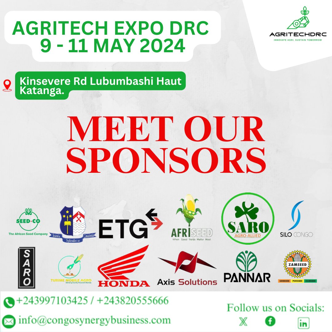 agritechexpodrc's tweet photo. Let's shine the spotlight on some of our sponsors for the #AgritechExpodrc2024 where will share innovations that will elevate your agricultural practices and give you better farm yields.

🗓 Date: 9-11 May 2024
Venue: Kinsevere Rd Lubumbashi Haut Katanga.
#Agritech #Agrexpo https://t.co/joSbARIIZz