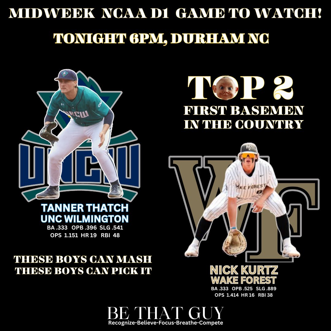 @UNCWBaseball vs @WakeBaseball Tonight two of the top teams , along with two of the best college first basemen in the country go at in Durham, NC This is a must watch midweek game.