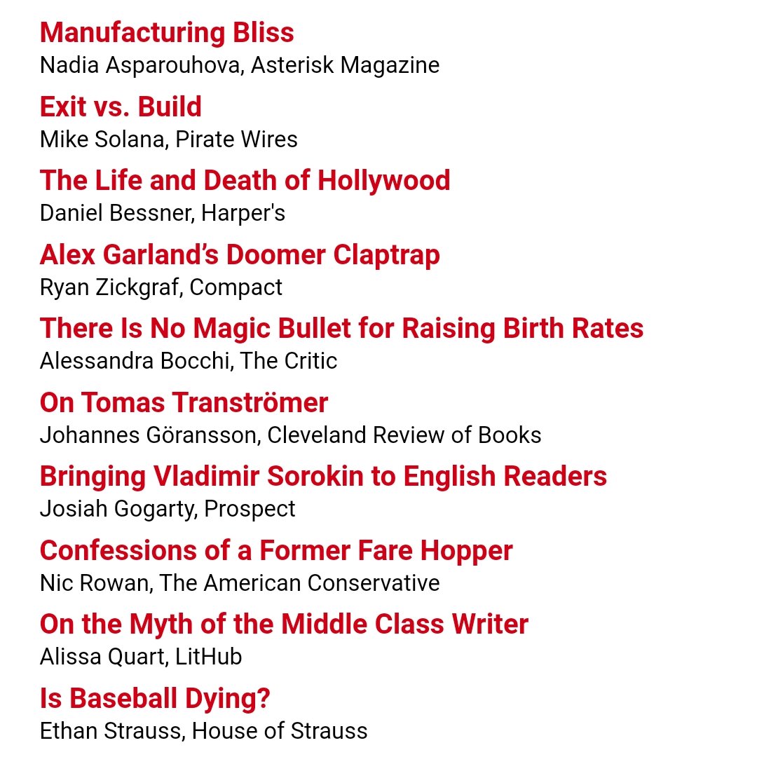 realclearbooks.com Tuesday reads: @nayafia for @asteriskmgzn, @micsolana for @PirateWires, @dbessner for @Harpers, @ryan_zickgraf for @compactmag_, @alessabocchi for @TheCriticMag, @JohannesGoranss for @clereviewbooks, @NicXTempore for @amconmag, and @lisquart for @lithub.