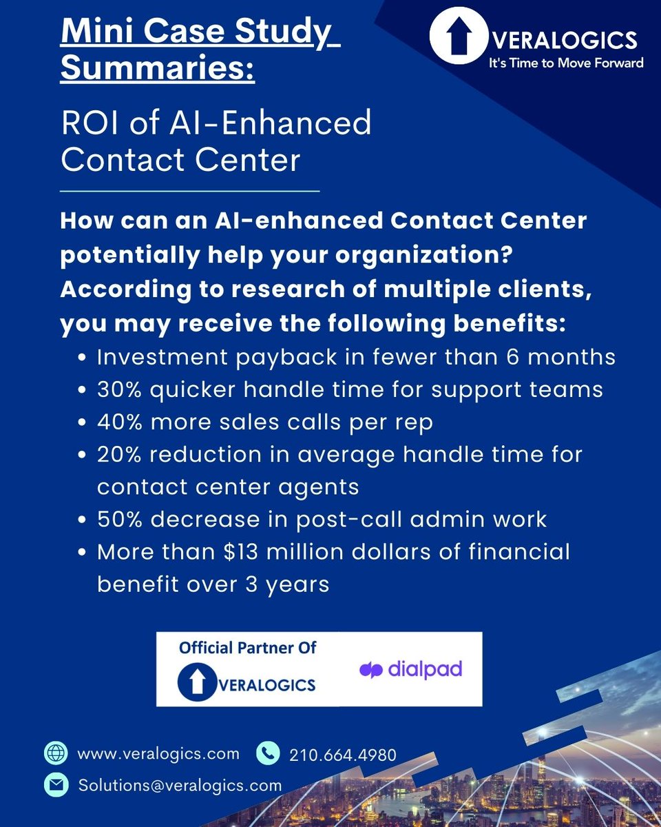 Want to learn how to use #AI to get a higher #ROI from your #ContactCenter?
Reach out to @VeraLogics by email at Solutions@VeraLogics.com to learn more.