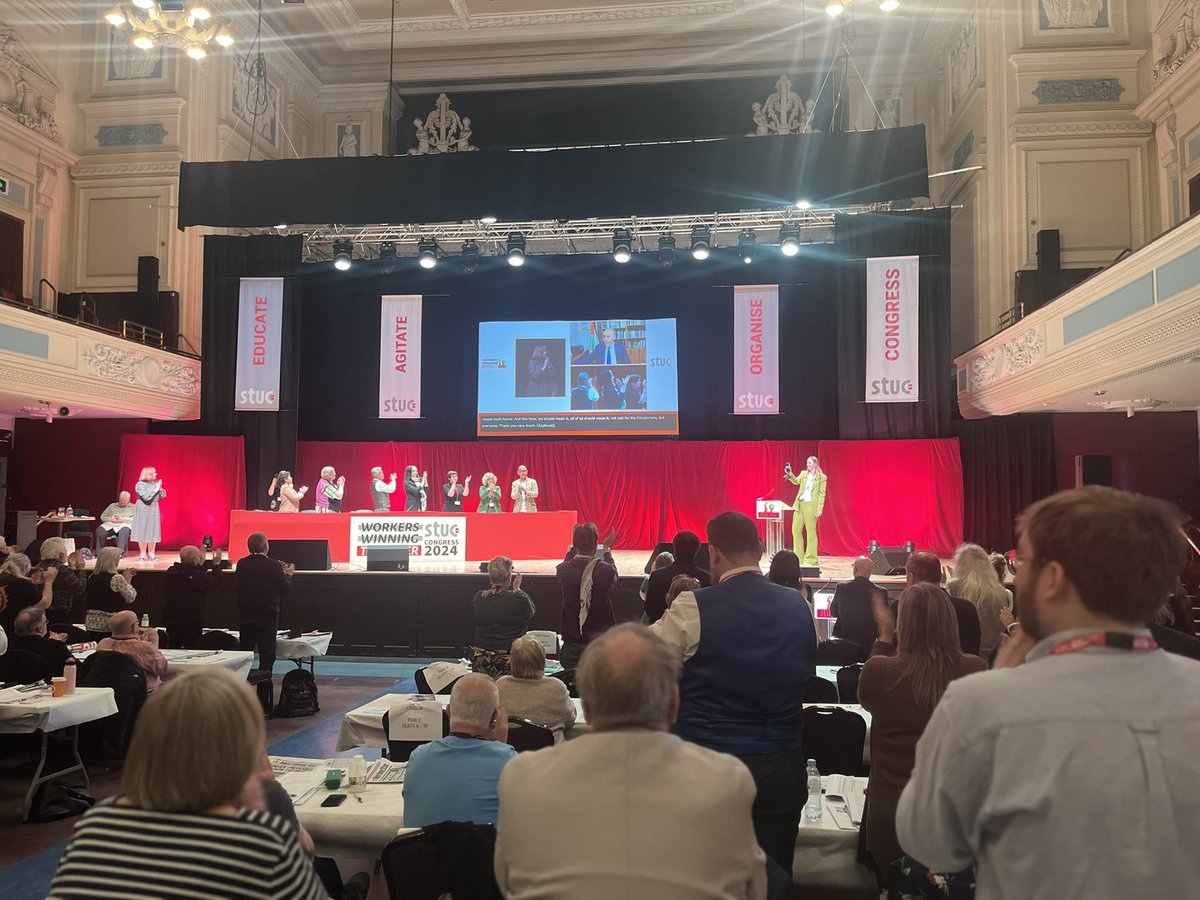 “This is our land and we’re not going anywhere.” Standing ovations for Shaher Saed, Palestinian General Federation of Trade Unions, and @hzomlot at #STUC24. 🇵🇸