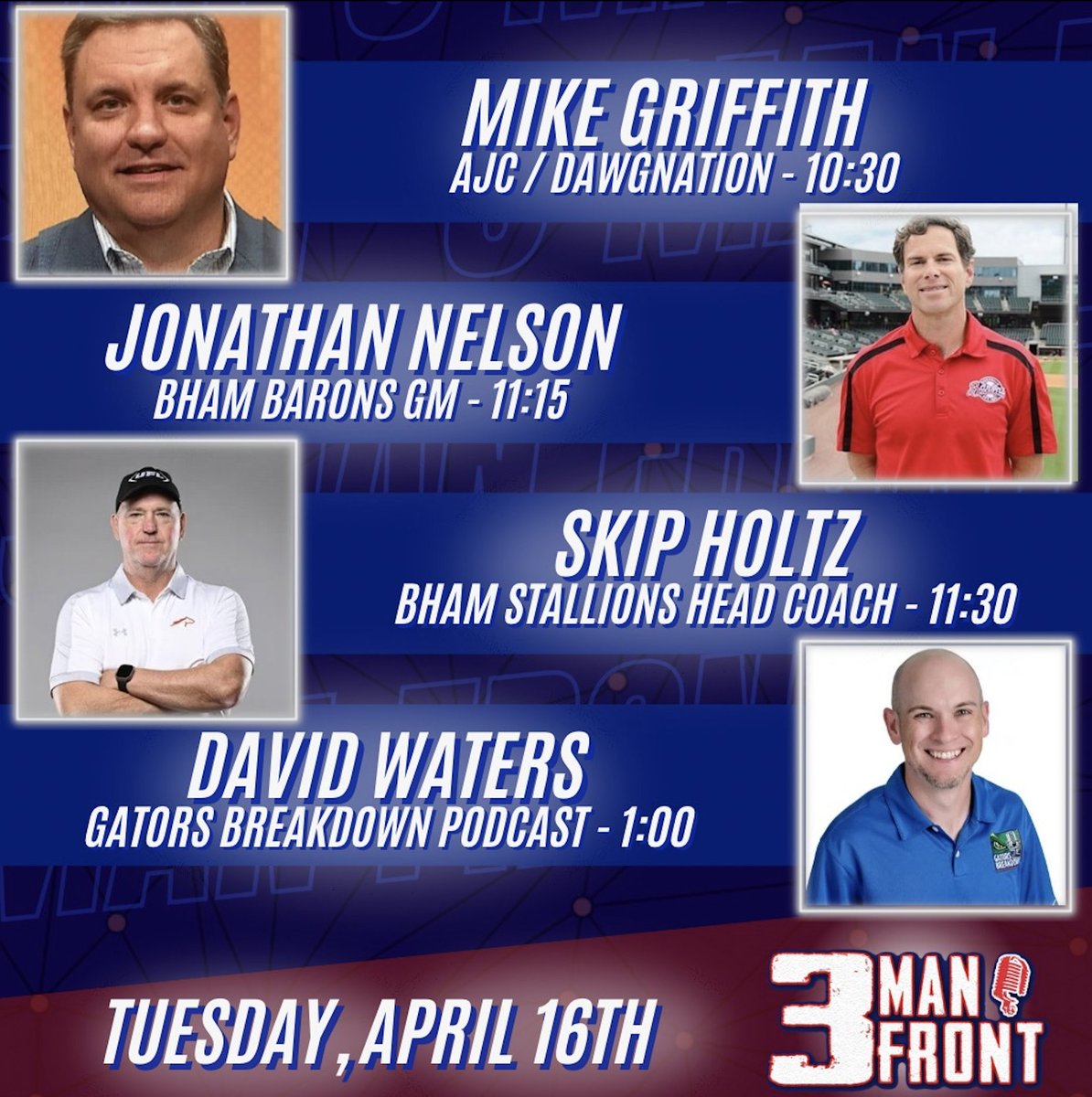 Join us for @3ManFront live today from 10-2pm from @SoHoTacoAL ! 10:30 @MikeGriffith32 11:15 @JonathanN_Bham 11:30 @CoachSHoltz 1:00 @GatorDave_SEC 📻 @WJOX945 📱 JOXFM App