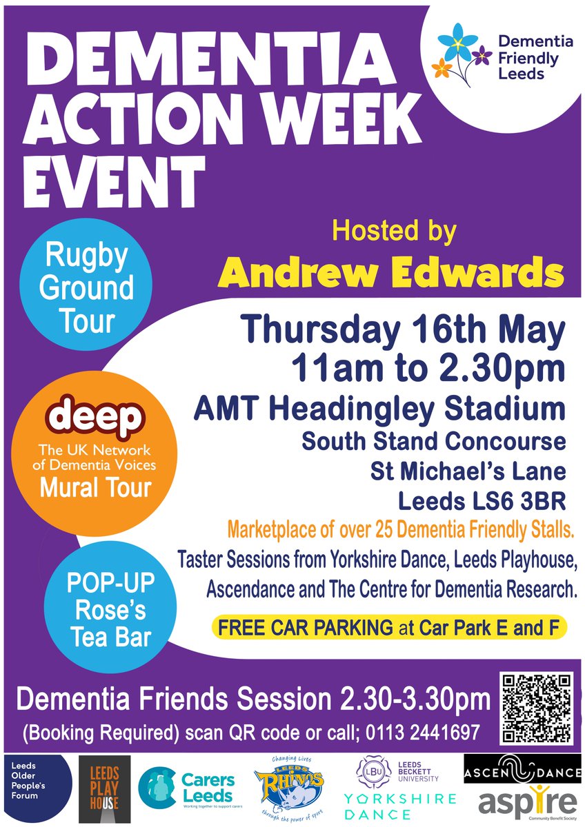 Want to learn more about #dementiafriendlyleeds ? In 1 month we will be hosting our Dementia Action Week event @HeadingleyStad on the 16th May 11-2.30pm! With 25+ stalls, taster sessions, talks & tours and live music. It’s #free to attend. Please share! @leedsdaa @MyForumCentral