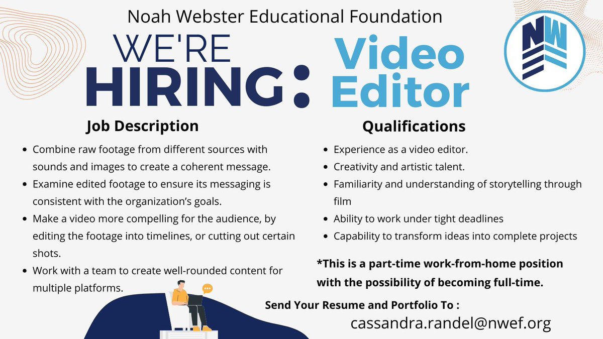 We're looking for a video editor to join our team! Please share this post the help us find the right person! 

#jobposting #videoeditor #nwef