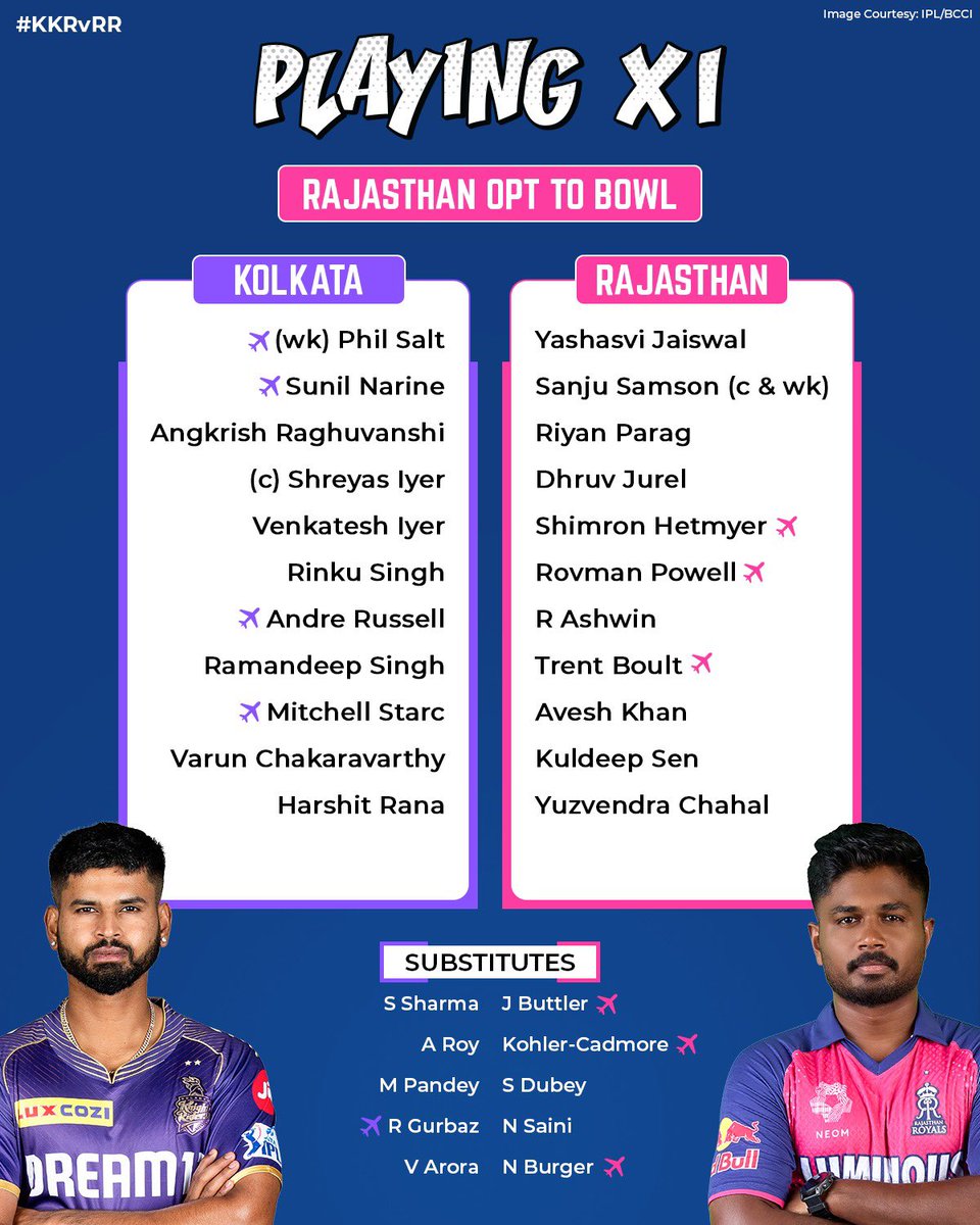Top of the table clash 🤩 Rajasthan won the toss and opt to field first. Buttler and Ashwin is back for #RR Kolkata name an unchanged side. #KKRvRR #IPL #IPL2024