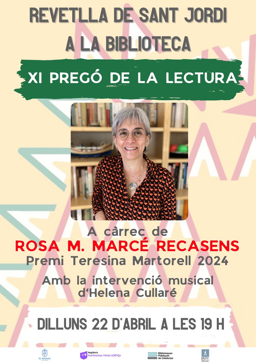 📢La Biblioteca us convida a la Revetlla de Sant Jordi, que tindrà lloc el dilluns 22 d'abril a les 19 h amb XI Pregó de la Lectura a càrrec de Rosa M. Marcé, amb la intervenció musical d'Helena Cullaré.
Us hi esperem!