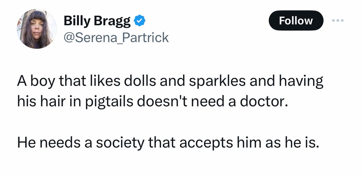 THE ONLY PEOPLE THAT BELIEVE THAT DOLLS AND SPARKLES MAKES A BOY A GIRL IS TERFS. 

and fuck off with this “we need a society that accepts him as he is” because GCs/TERFs are the ones who don’t accept these kids and try to act like gender nonconformity is “transing kids”