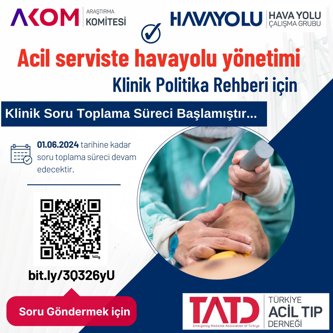 @tatdhavayolu ve @AKOM_TATD işbirliği ile hazırlanan Acil serviste havayolu yönetimi Klinik Politika Rehberi için sahadan soru toplama süreci başlamıştır… Soru göndermek için link; bit.ly/3Q326yU Sorularınızı bekliyoruz… @TrTATD