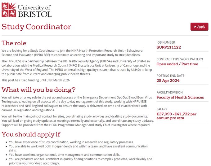 Jeremy Horwood (@jphorwood) on Twitter photo 🚨 Job alert 🚨
We're recruiting a study coordinator to work on our evaluation of #HIV opt-out testing in emergency departments
Come and work with our lovely @HPRU_BSE team at
<a href="/BrisHealthSci/">Health Sciences at the University of Bristol</a>/<a href="/BristolUni/">University of Bristol</a>
⏰ Deadline 25th April
➡️jobs.ac.uk/job/DHB797/stu… 🚨 Job alert 🚨
We're recruiting a study coordinator to work on our evaluation of #HIV opt-out testing in emergency departments
Come and work with our lovely @HPRU_BSE team at
<a href="/BrisHealthSci/">Health Sciences at the University of Bristol</a>/<a href="/BristolUni/">University of Bristol</a>
⏰ Deadline 25th April
➡️jobs.ac.uk/job/DHB797/stu…
