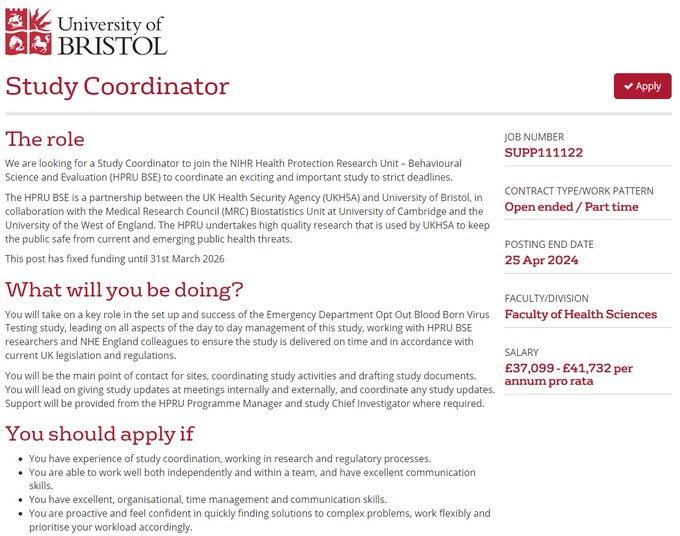 🚨 Job alert 🚨 We're recruiting a study coordinator to work on our evaluation of #HIV opt-out testing in emergency departments Come and work with our lovely @HPRU_BSE team at @BrisHealthSci/@BristolUni ⏰ Deadline 25th April ➡️jobs.ac.uk/job/DHB797/stu…