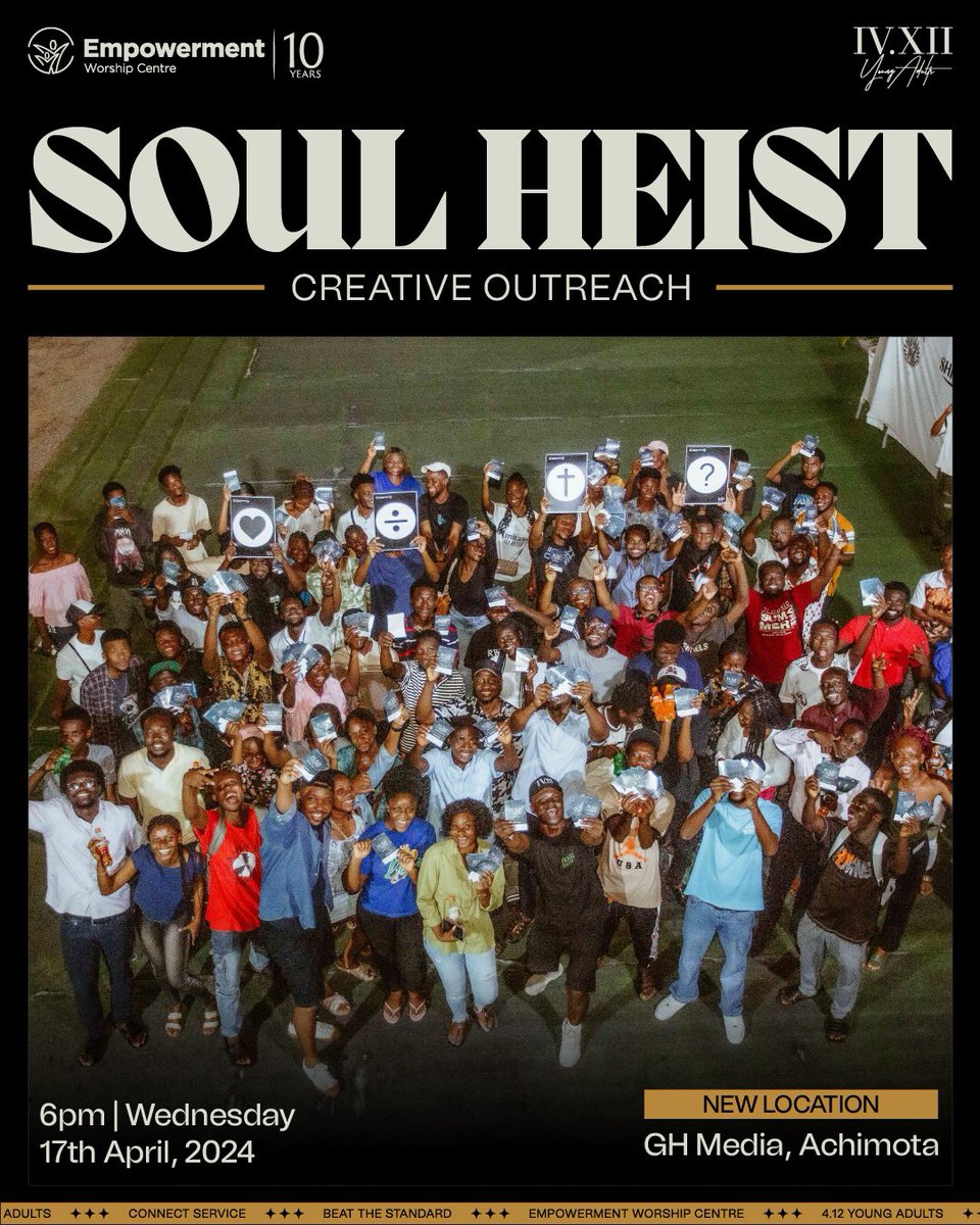 ewc412ya's tweet photo. SOUL HEIST is here again and this time, we’re heading to Achimota. Get ready, get set and let’s goooo… 🏃‍♀️ 🏃‍♂️ 

Location: GH Media School
Date: Tomorrow, April 17
Time: 6pm 

See you there ! 

#EWC412 #BeatTheStandard #SoulHeist https://t.co/MUzPHRHowj