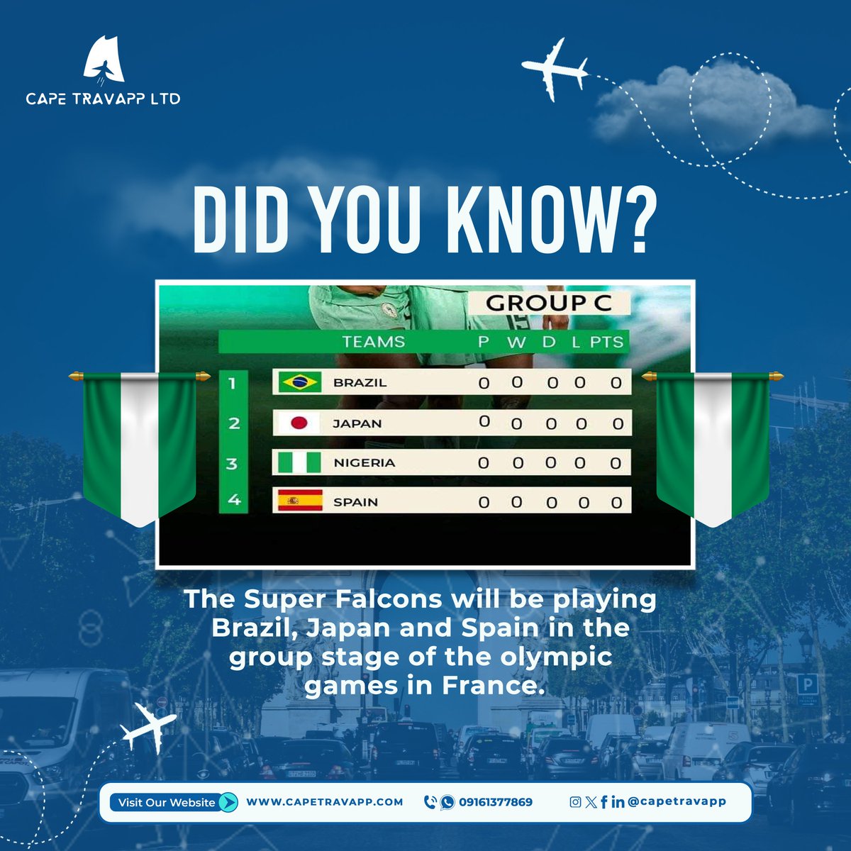 Did you know?
The Super Falcons will be playing Brazil, Japan and Spain in the group stage of the Olympic games in France.

Which sport are you most excited to see?

#didyouknow #explorefrance #capetravels #capetravapp