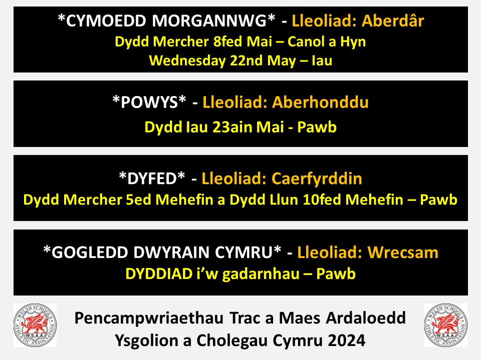 Bydd Ebrill, Mai a Mehefin yn gweld Ardaloedd Cymru yn cynnal eu pencampwriaethau trac a maes ysgolion a cholegau cyn Pencampwriaeth Cenedlaethol Ysgolion Cymru #Caerdydd. 🔷 Isod mae Dyddiadau ar gyfer ardaloedd: Cymoedd Morgannwg, Powys a Dyfed 🔷