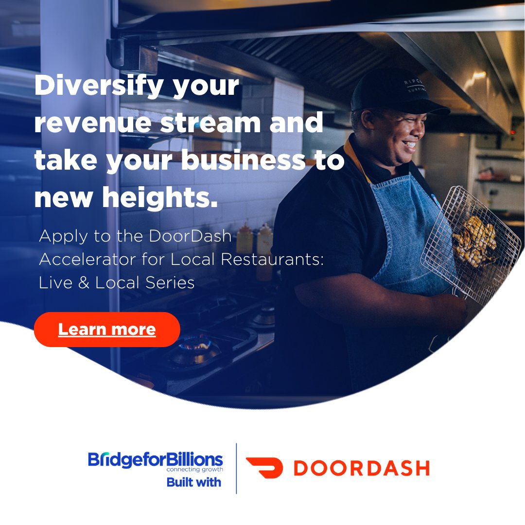 We’re partnering with @DoorDashImpact and @Bridge4Billions to launch applications for the Accelerator for Local Restaurants: Live and Local Series. Learn to diversify revenue, receive a grant, and enjoy mentorship opportunities by applying here! doordashimpact.com/restaurantacce…