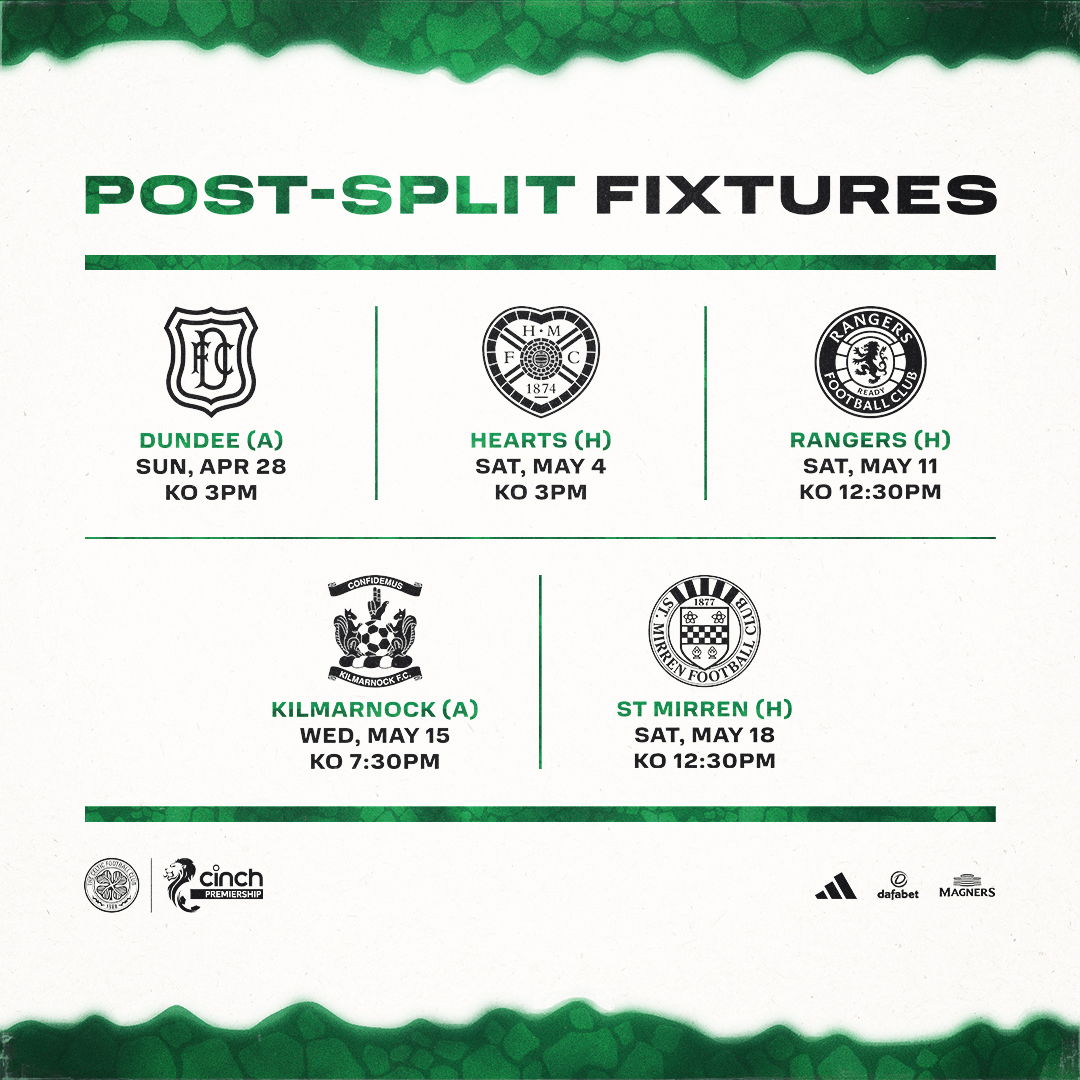 🗓️ The @spfl have announced our post-split fixtures. A first look at our final five #cinchPrem games 🔎🍀