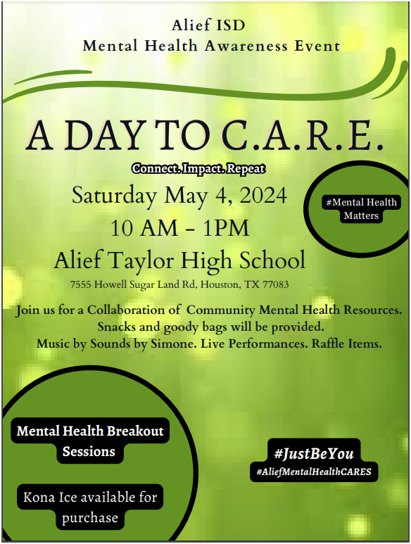 Don't forget to mark your calendars for Saturday, May 4th! Please join us for our 2nd annual 'A Day to C.A.R.E.' Mental Health Awareness Event. It's free and will have amazing resources and workshops. Grab a friend and lock in the date! #AliefMentalHealthCARES
