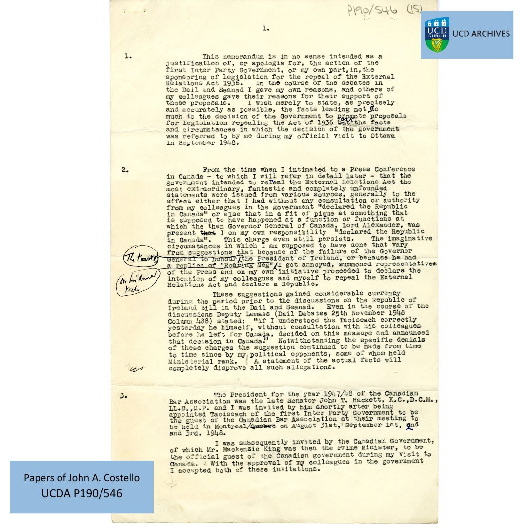 The Republic of Ireland Act 1948 came into force #OTD 1949. Ireland withdrew from the Commonwealth, ending the statutory role of the British monarchy in Ireland. Below is the opening page of John A. Costello's 1968 account of his declaration of a republic in 1948.