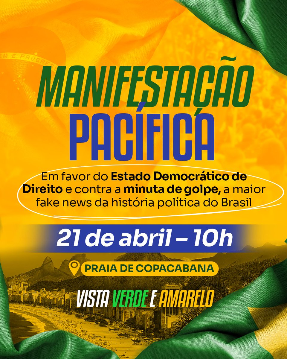PastorMalafaia's tweet photo. Neste domingo, dia 21 de abril, vamos realizar uma manifestação pacífica na praia de Copacabana, às 10h, em favor do Estado Democrático de Direito e contra a minuta de golpe, a maior fake news da história política do Brasil. Divulgue e participe! https://t.co/xkz2QXf5UU