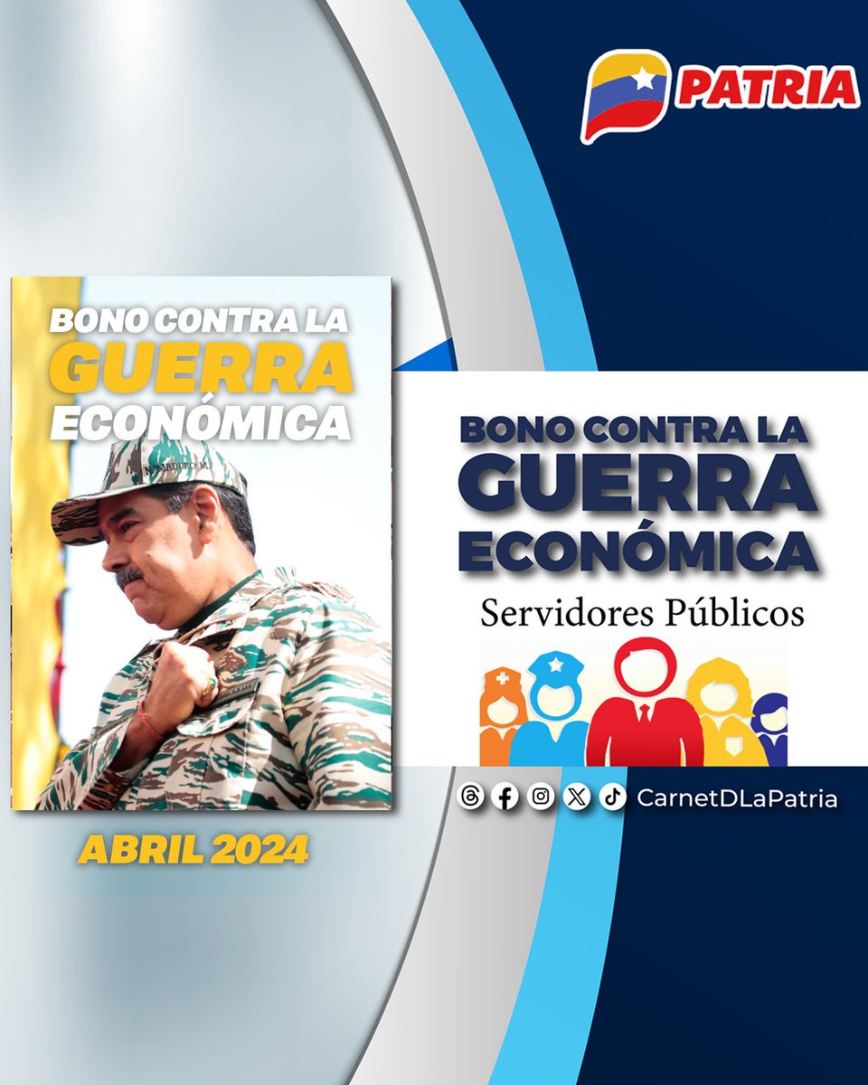 Inicia el pago del #BonoContraLaGuerraEconómica Abril 2024, aprobado por el presidente @NicolasMaduro.
Este beneficio va dirigido a trabajadores y funcionari@s públicos, como parte del esfuerzo para proteger el bienestar social del pueblo.

#QueLoSepaElMundo #16Abr