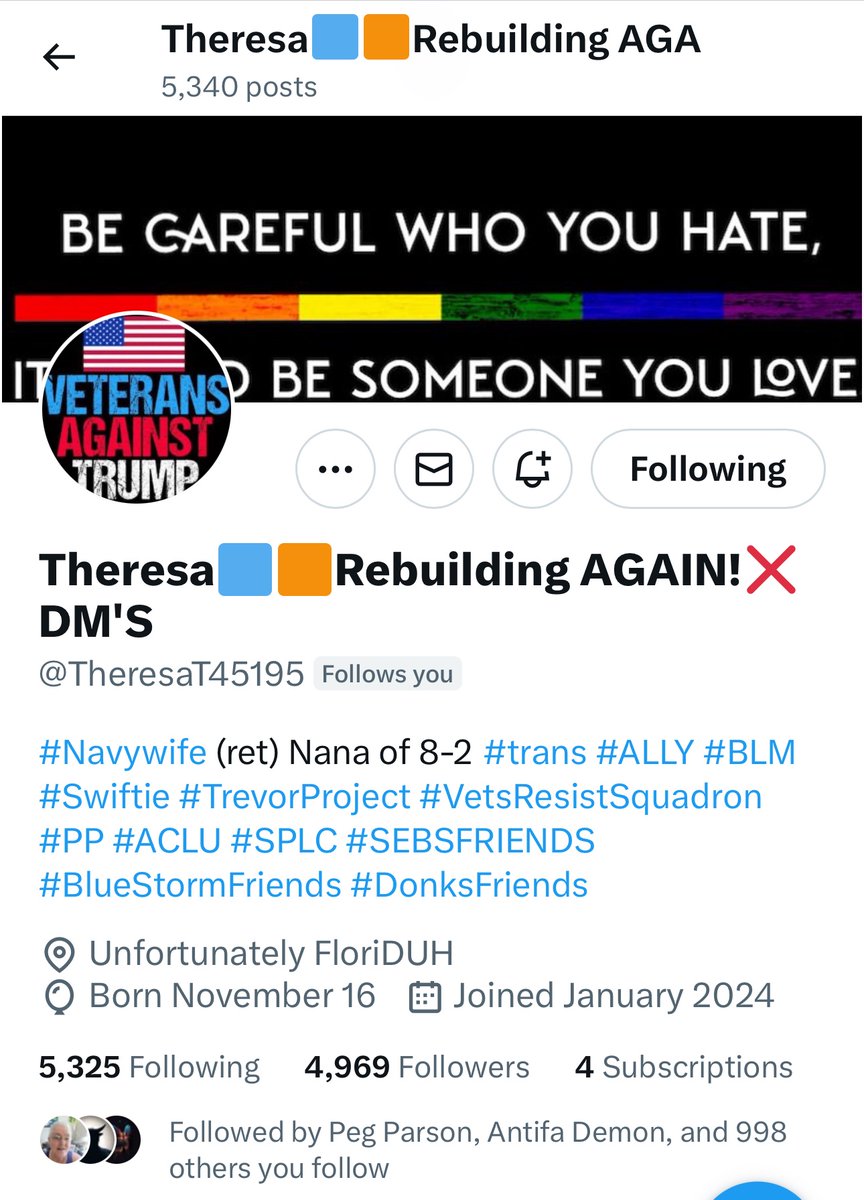 Theresa @TheresaT45195 only needs 31 more likeminded friends to break through the 5K barrier. 💙REPOST💙