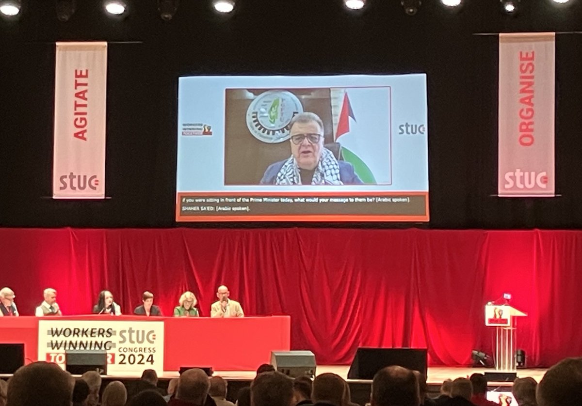 End occupation! Is the message from Shaher Saed, General Secretary of the Palestine General Federation of Trade Unions #Gaza #FreePalestine #STUC24 ✊🇵🇸