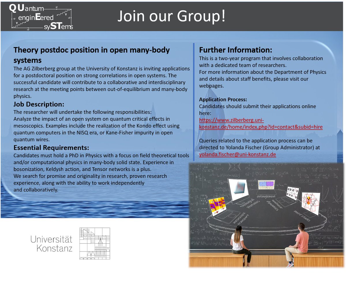 We have a new postdoc position available in open many-body systems @UniKonstanz. Have a look at our activities at zilberberg.uni-konstanz.de. Experience in Tensor networks is a plus. Applications are welcome online through: zilberberg.uni-konstanz.de/home/index.php…