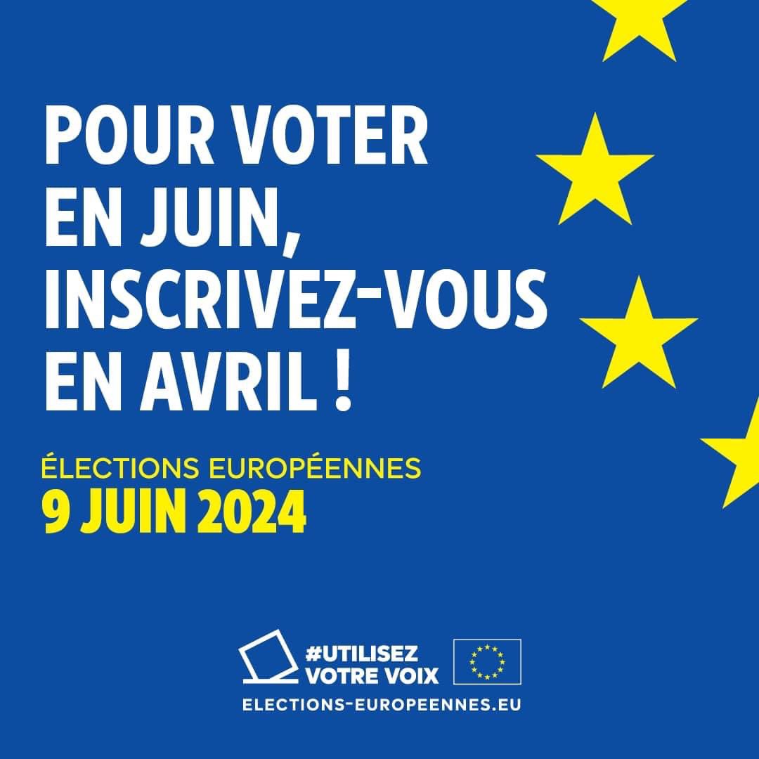 #electionseuropeennes2024 
Vous avez jusqu’au 1er mai pour vous inscrire en ligne sur les listes électorales 
(Jusqu’au 30 avril en mairie)