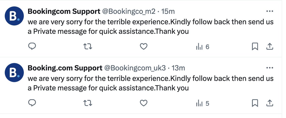 Fake @Bookingcom support accounts trying to scam Twitter users are so much more responsive than Booking[dot]com's real support team.
