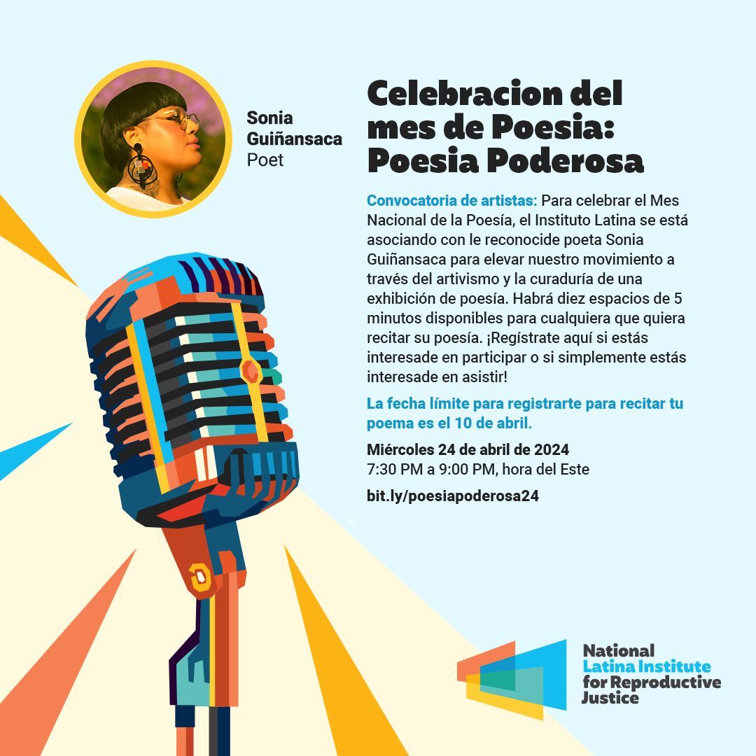 ¡Únete el 24/4 a las 7:30 pm ET para nuestro evento celebrando el Mes de la Poesía! ¡El evento presentará a le renombrade poeta Sonia Guiñansaca, y queremos invitarles a reunirse con nosotres y hasta recitar un poema si quieres! ¡Regístrate aqui! act.latinainstitute.org/a/poesiapodero…