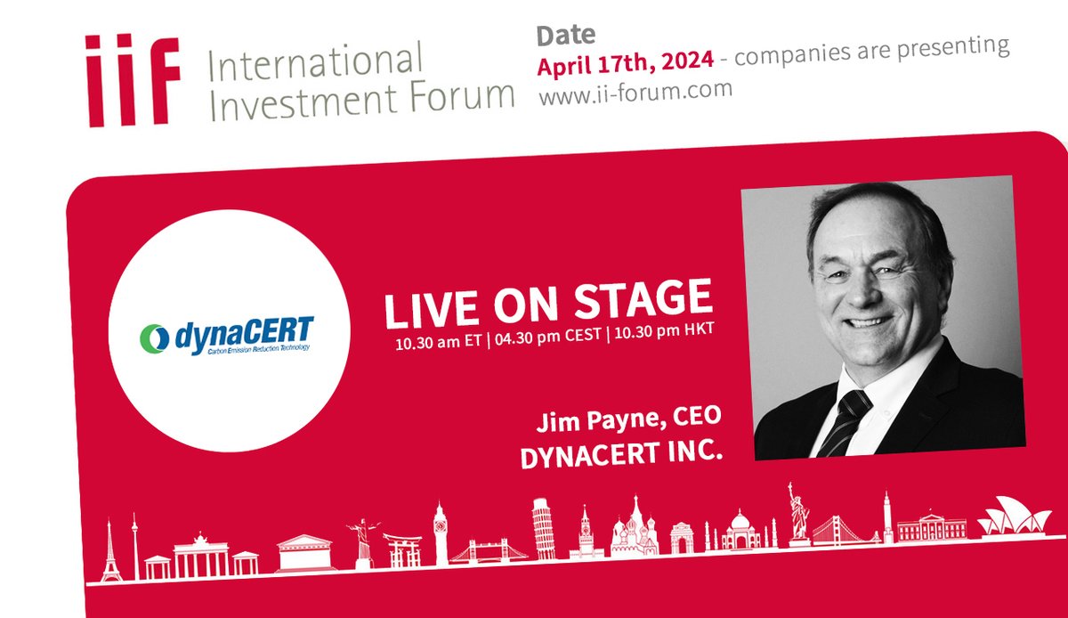 FINAL CALL: @dynaCERT Inc. at the 11th International Investment Forum (IIF). Jim Payne, CEO, is presenting on April 17 at 10.30 am ET - 04.30 pm CET - 10.30 pm HKT. #hydrogen #diesel #co2 Register now and free of charge: us06web.zoom.us/webinar/regist…