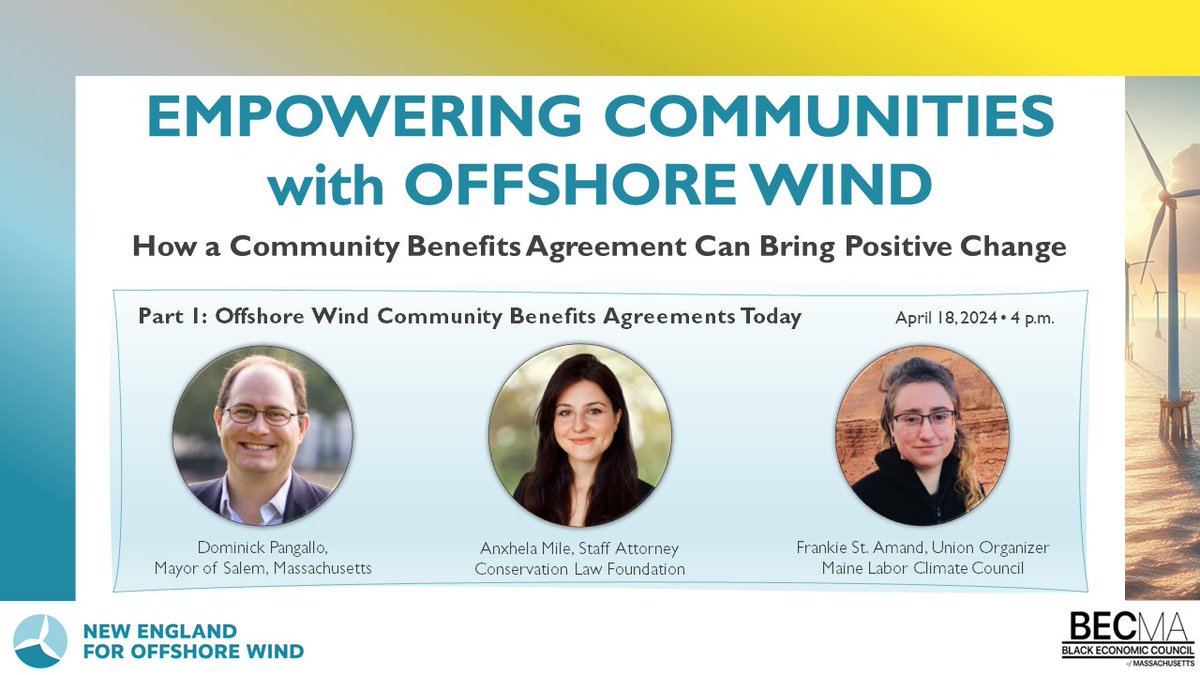 Join us April 18! We are delighted to co-host this amazing panel of speakers for the first webinar in the Empowering Communities with #OffshoreWind series. Register-> tinyurl.com/NE4cbaReg | @CLF @BECMAinc @ME_LaborClimate @dspangallo