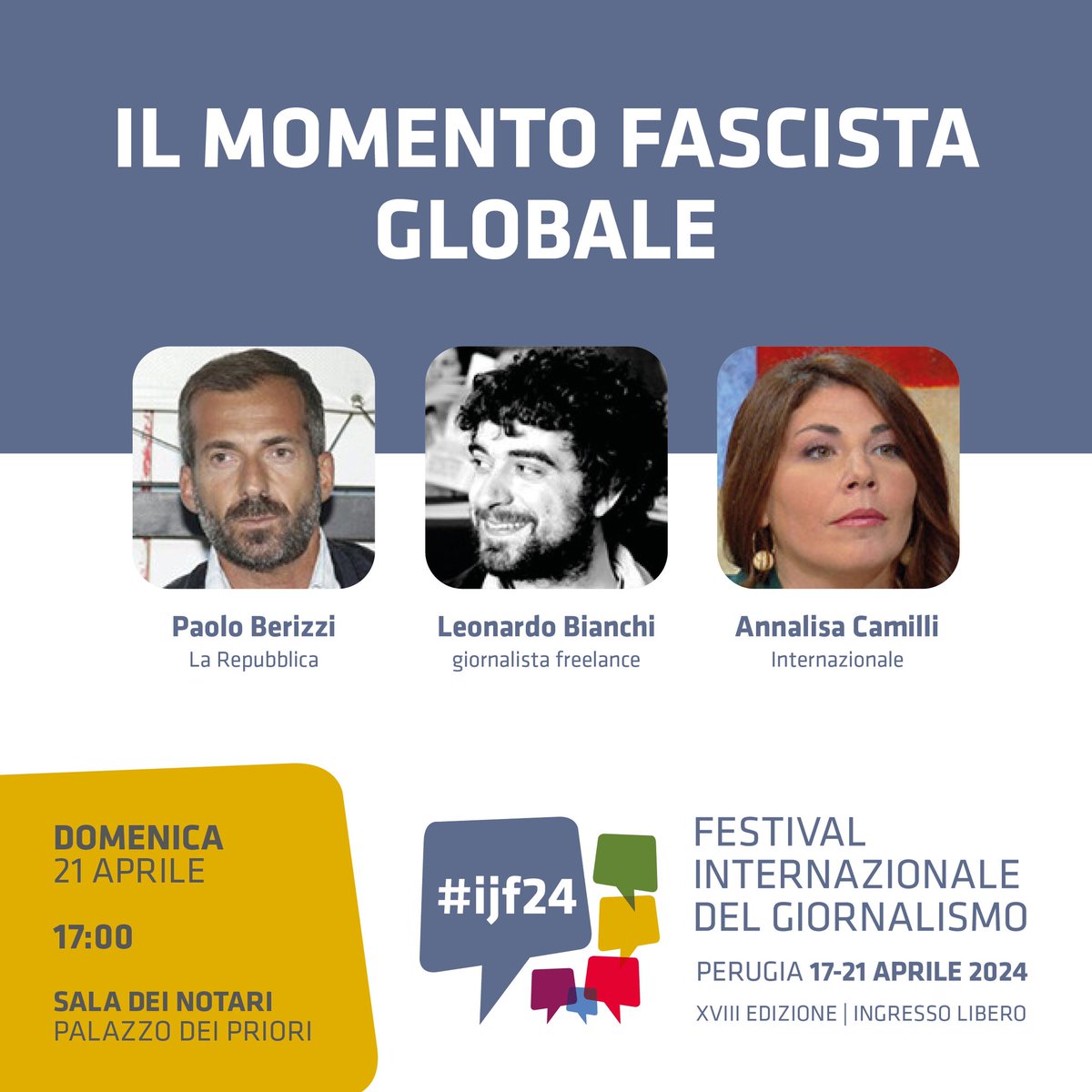 🔴 SAVE THE DATE! 'Il momento fascista globale' #ijf24 con @PBerizzi @captblicero @annalisacamilli 🎥Live & On Demand > Sun, 21 Apr festivaldelgiornalismo.com/programme/2024…