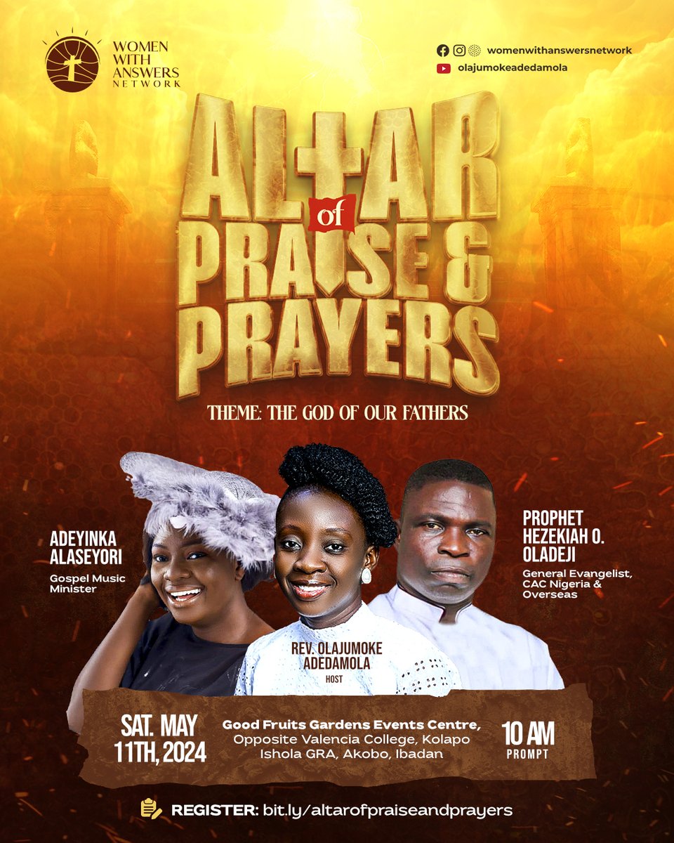 IBADAN HOMECOMING!!!

Gird your loins!!!
Prepare yourself!!!

We are about to raise an Altar of Praise and Prayer!
Check flyers for more details.

#altarofpraise
#revival
#worship
#praise
#crusade
#officialprophethezekiah
#PHMedia