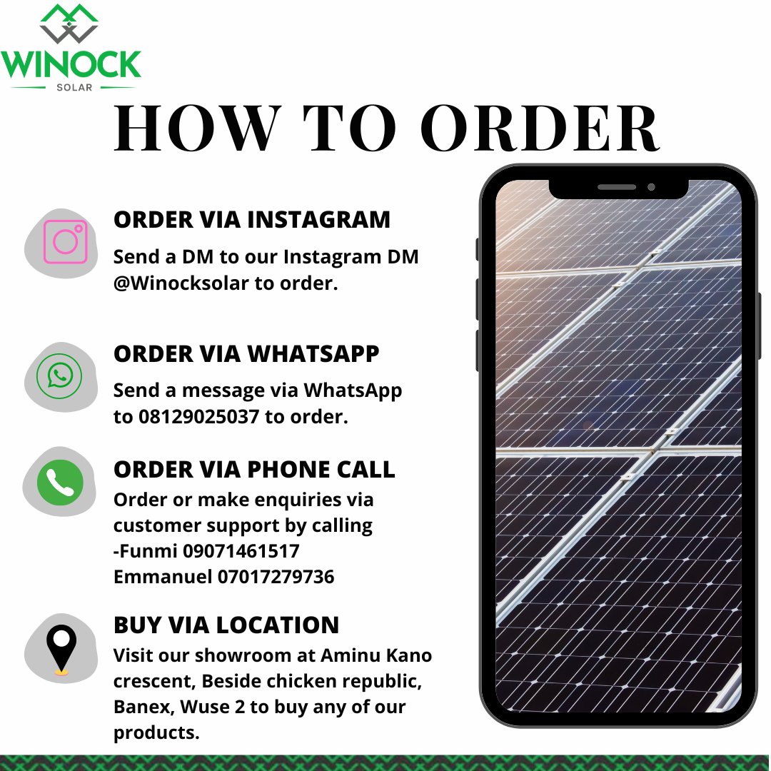 WinockSolar's tweet photo. Ready to Go solar with Winock? Here are the steps on how to order from us.
#winocksolar #abujasolarcompany #Abuja #SolarEclipse
#Chioma #Davido #Wizkid https://t.co/h5PwGvHyce