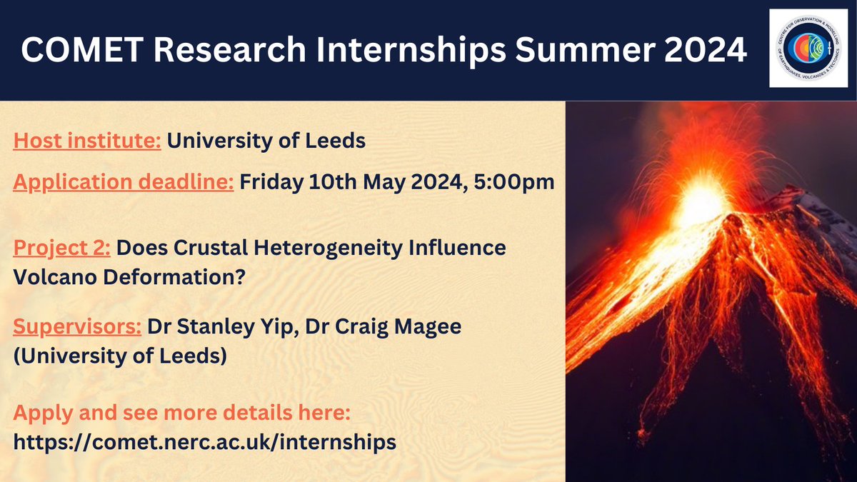 Interested in #volcanoes?🌋 COMET is funding an undergraduate student to undertake an exciting 8-week research internship during summer 2024 (June-September) with @NERC_COMET's @StanleyYip_ and @DrCraigMagee @SEELeeds. Apply at: comet.nerc.ac.uk/internships/