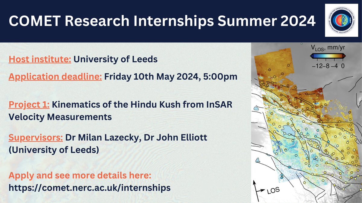 Interested in #InSAR?🛰️ COMET is funding an undergraduate student to undertake an exciting 8-week research internship during summer 2024 (June-September) with @NERC_COMET's @MLazecky and @jrelliott82 @SEELeeds. Apply at: comet.nerc.ac.uk/internships/