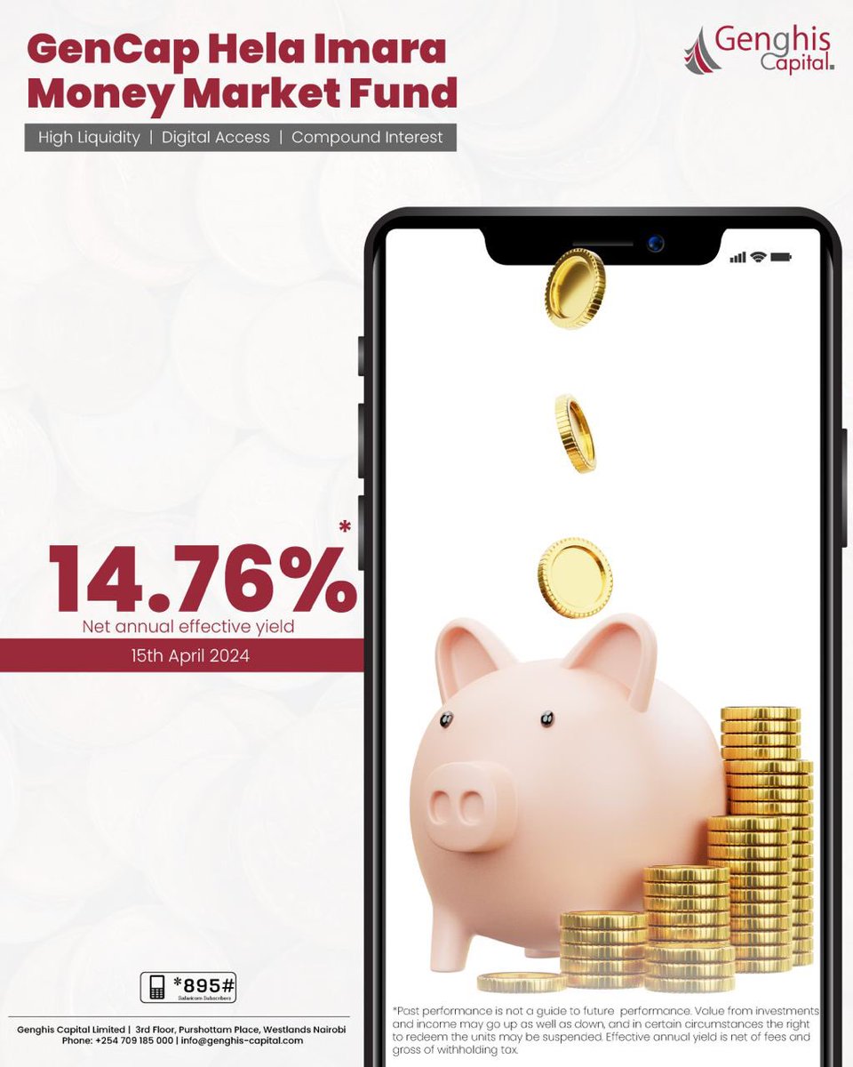 The GenCap Hela Imara money market fund posted a net annual effective yield of 14.76% as of 15/04/24 From as low as Kshs. 500, allow your savings to grow with daily compounding interest. Open an account using our USSD *895# and