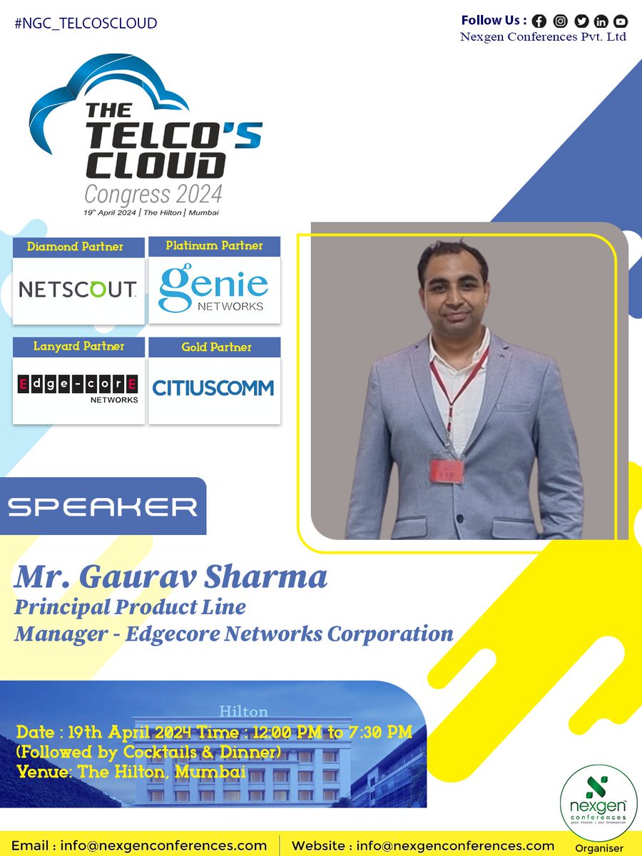 #NGC_TELCOSCLOUD
Confirm your presence by contacting nidhi.taneja@nexgenconferences.com
We are thrilled to announce that #GauravSharma, Principal Product Line Manager at @EdgecoreNetwork  india private limited, will be gracing The Telco's Cloud Congress 2024 with his expertise !