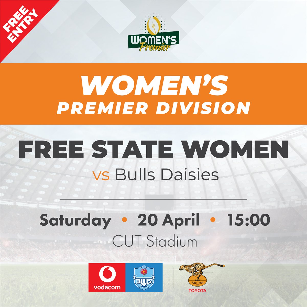 💥Next Match💥 🏆Women's Premier Division Free State Women vs Bulls Daisies 📅Saturday, 20 April ⏲️15:00 🏟️CUT Stadium 🎟️FREE @ToyotaSA