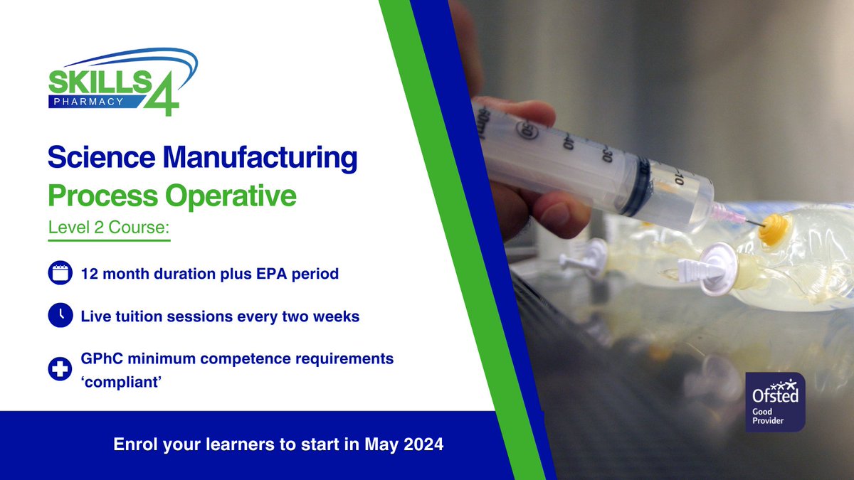 Enrol your learners to start in May 2024 on our Science Manufacturing Process Operative (SMPO) course.

Visit our website to find out more: bit.ly/4aznVi1

#pharmacy #apprentice #careers #science