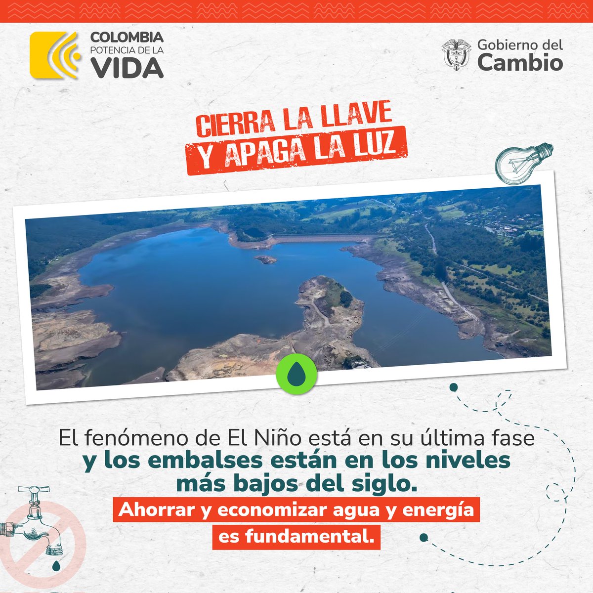 Supertransporte's tweet photo. #CierraLaLlaveYApagaLaLuz | Los niveles de agua de los embalses que suministran este recurso y la energía a Bogotá están en los niveles más bajos del siglo.

Es momento de tomar conciencia y ahorrar agua y energía para resistir la última etapa del fenómeno de El Niño. https://t.co/n3sVyd5lHA