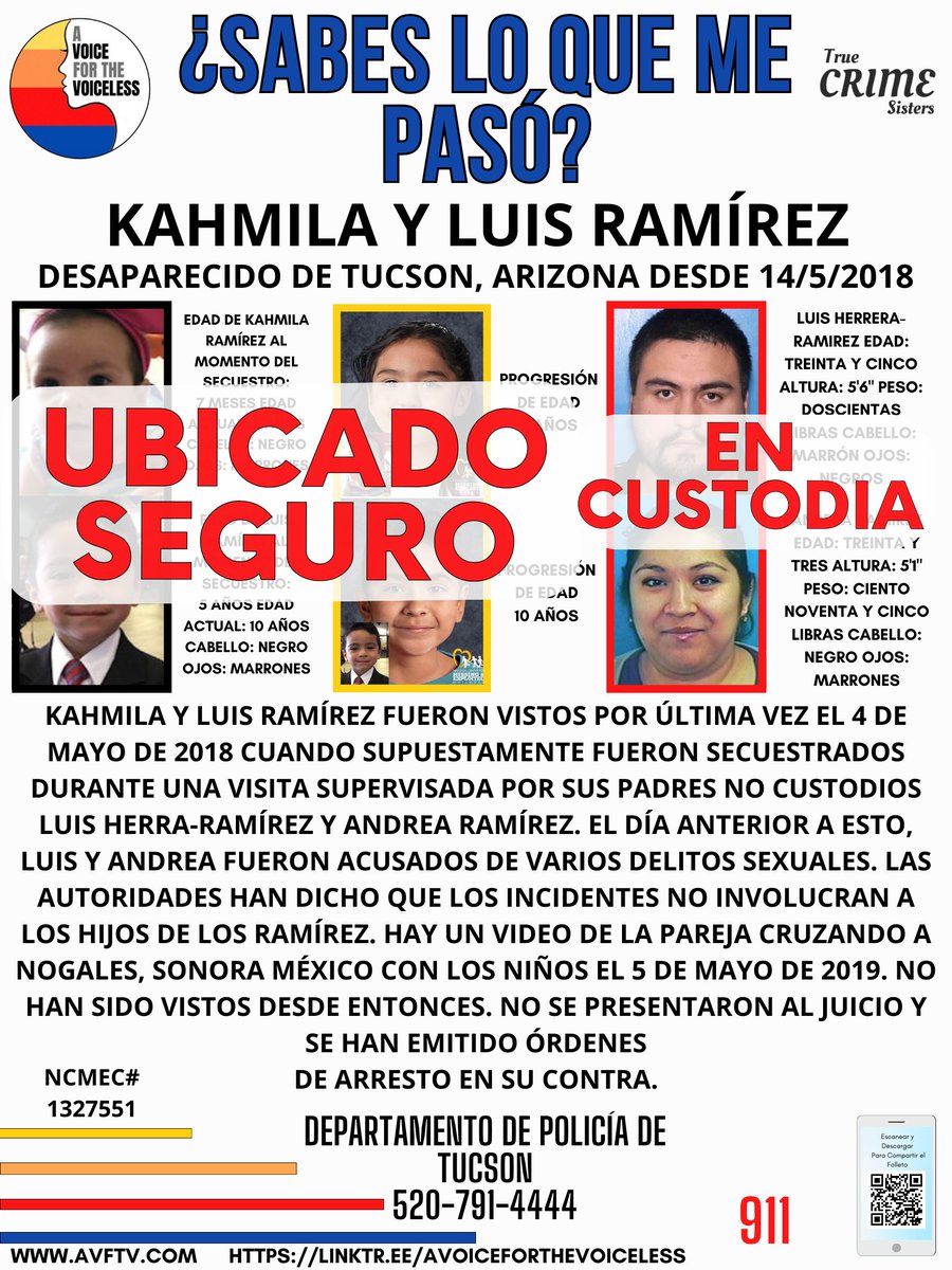 AwarenessTCS's tweet photo. Amazing news to share! After almost SIX YEARS MISSING #KahmilaRamirez and #LuisRamirez have been located safe! Thank you to everyone for sharing their flyer and keeping awareness for them.
Luis is now 12 years old and Kahmila is 6. Their aunt, Erika Ramirez, says they are healthy and seem to be doing okay. No media interviews will be done at this time and she’s asking that everyone respect their privacy as this family adjusts and heals together.
Luis Alberto Herrera Ramirez and Andrea Vanessa Ramirez were arrested by ministerial agents of the Specialized Unit to Combat Kidnapping of the State Attorney General's Office, in collaboration with INTERPOL and the U.S. Marshals in the District of Arizona and the USMS Mexico Foreign Field Office.
https://t.co/pxqIQKX8sx