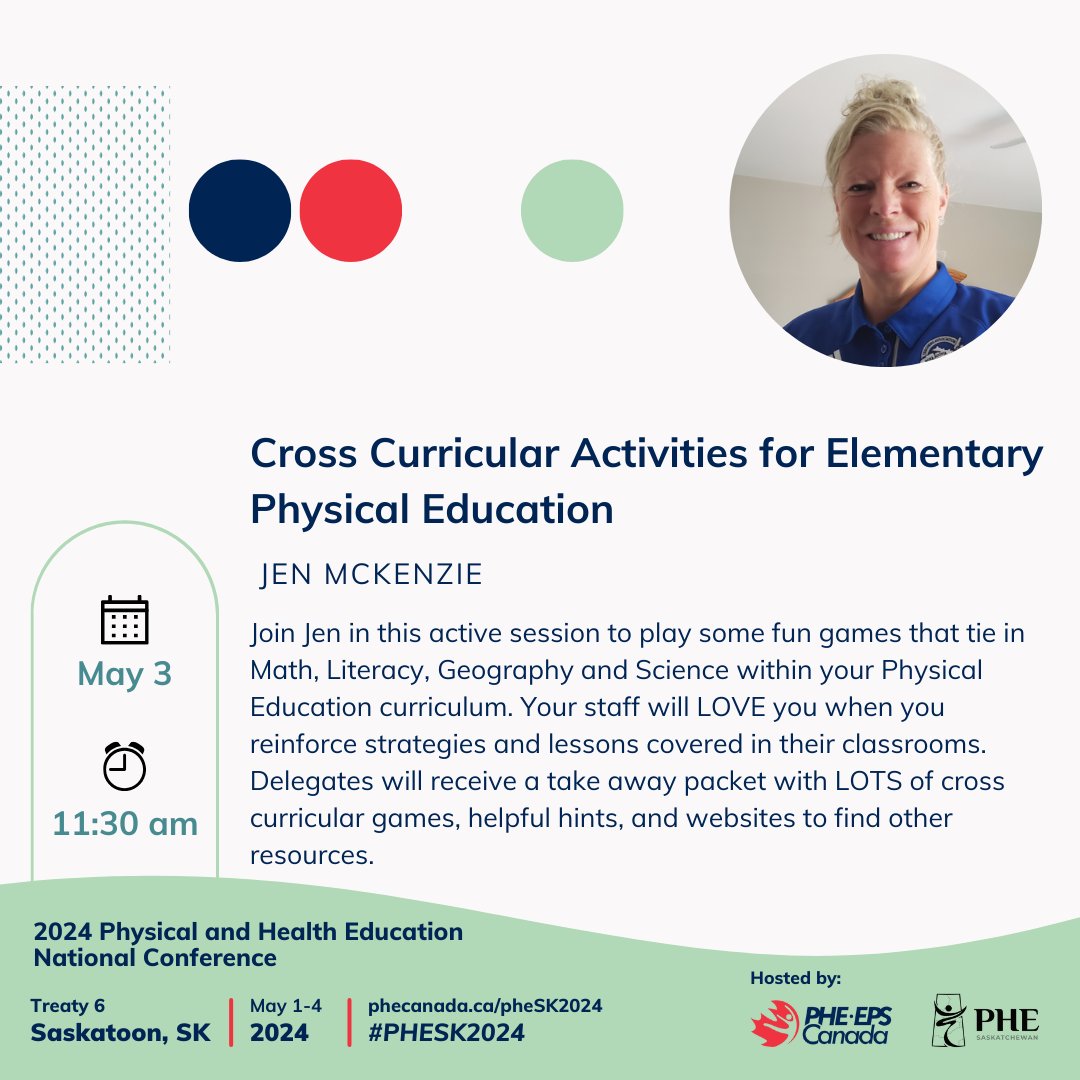 Registration is still open for the 2024 PHE National Conference! @JenMcKenzie23 will be presenting a session titled 'Cross Curricular Activities for Elementary PE'. Join us! More sessions and register ➡️ site.pheedloop.com/event/phesk202… #PHESK2024