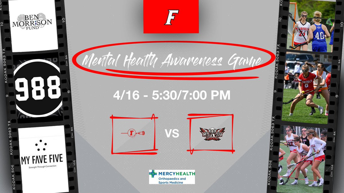 fcsdsportsmed's tweet photo. Today is the second in our series of #MentalHealth Games. Come cheer on @FFGirlslax as they take on Lakota West in @gmcsports action! See you at Christy Dennis Stadium! #MentalHealthMatters #YouMatter #ContinueYourStory @fcsdathletics @FCSDNews @mercy_health https://t.co/juU91R7ZyV