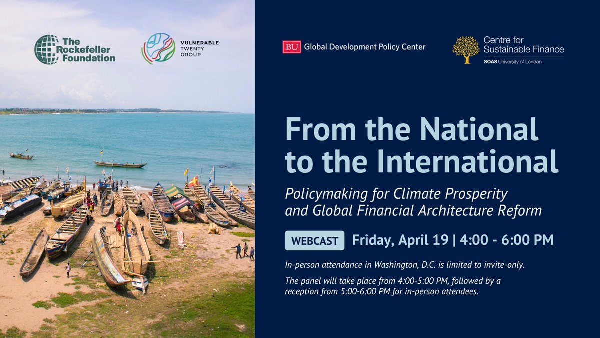 With @V20Group @GDP_Center & @RockefellerFdn we are co-hosting an event on 'Policymaking for Climate Prosperity & Global Financial Architecture Reform' on the sidelines of the SpringMeetings. In-person attendance is limited, alas, but you can join online: bu.edu/gdp/events/?ei…