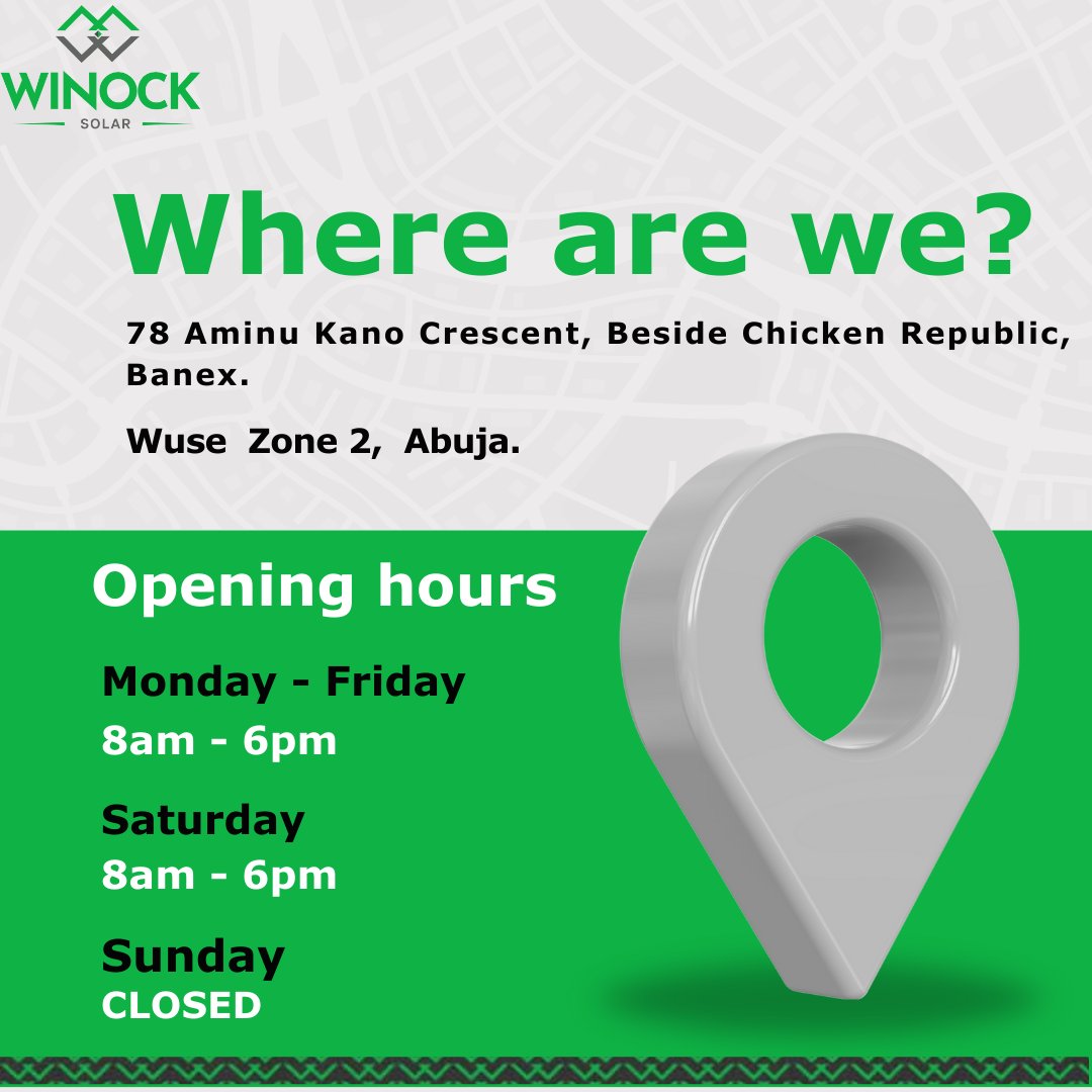WinockSolar's tweet photo. Visit Winock Solar showroom at 78 Aminu Kano Crescent, Banex, Wuse zone 2, Abuja to order your home and business solar and energy efficient products now!
#winocksolar #abujasolarcompany
#Davido #Chioma #Heishim #Dollar #Naira https://t.co/MGPdzInzlk