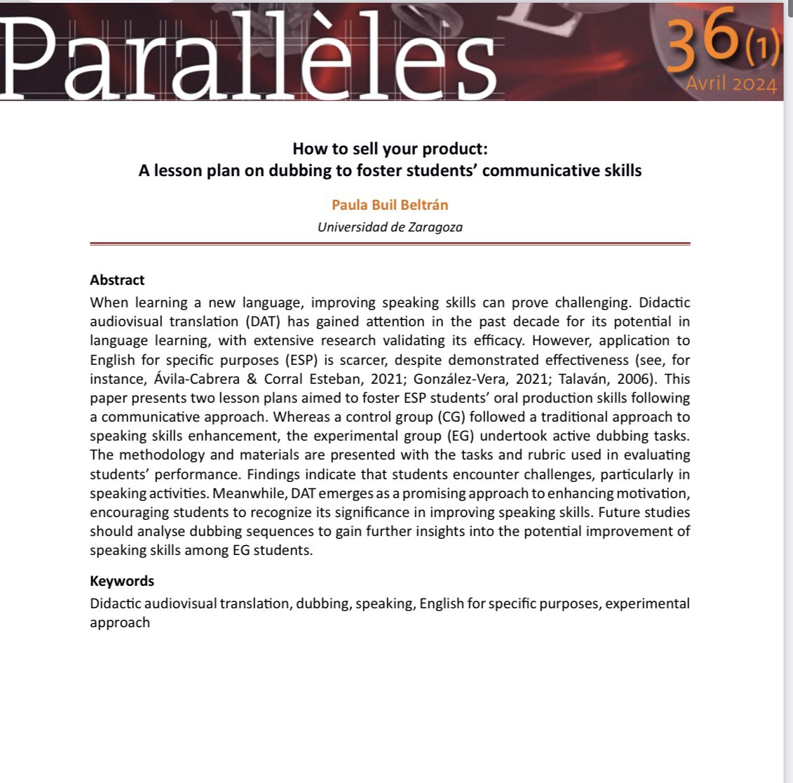 NEW PUBLICATION -
I'm delighted to share my new article on didactic dubbing and ESP as part of a special issue on Audiovisual Translation and Media Accessibility in Language Education. Thanks Parallèles!

DOI 10.17462/para.2024.01.03 

paralleles.unige.ch/en/tous-les-nu…