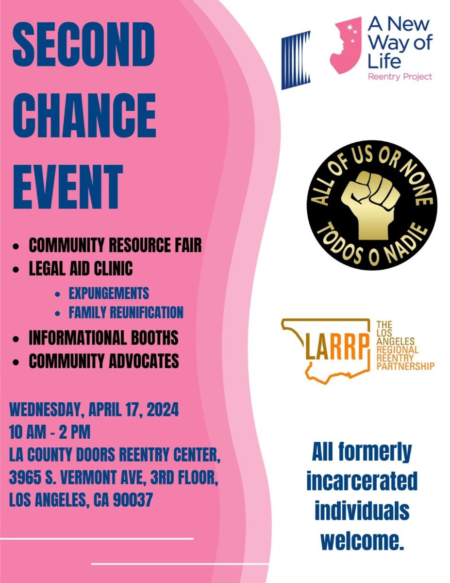 April is Second Chances Month. This community resource fair on 4/17 can assist formerly incarcerated individuals & is open to the public. There will also be a legal aid clinic & @cssdla will be onsite to answer any #childsupport questions & provide case assistance.