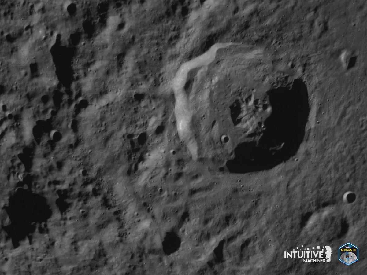 Our first-of-its-kind vision processing and autonomous landing technology landed within 9.9 degrees from the Moon’s south pole. Massive craters, steep slopes, and difficult lighting conditions mark this ominous region of the Moon. Odie snapped this “delta position” image during