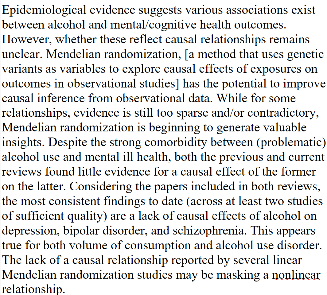 'Despite the strong comorbidity between (problematic) alcohol use and mental ill health, both the previous and current reviews found little evidence for a causal effect of the former on the latter.' karger.com/ear/article/do…